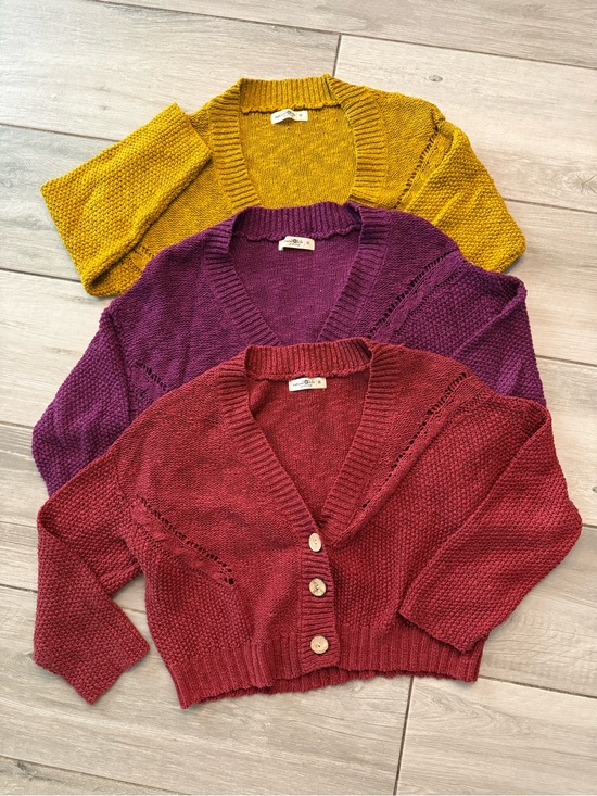 NATURAL LIFE Sweaters - NATURAL LIFE Button-Front Cropped Cardigan Trio - Mustard, Purple, Rust